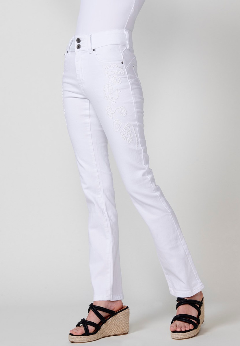 Pantalón largo denim recto con Detalle delantero color Blanco para Mujer