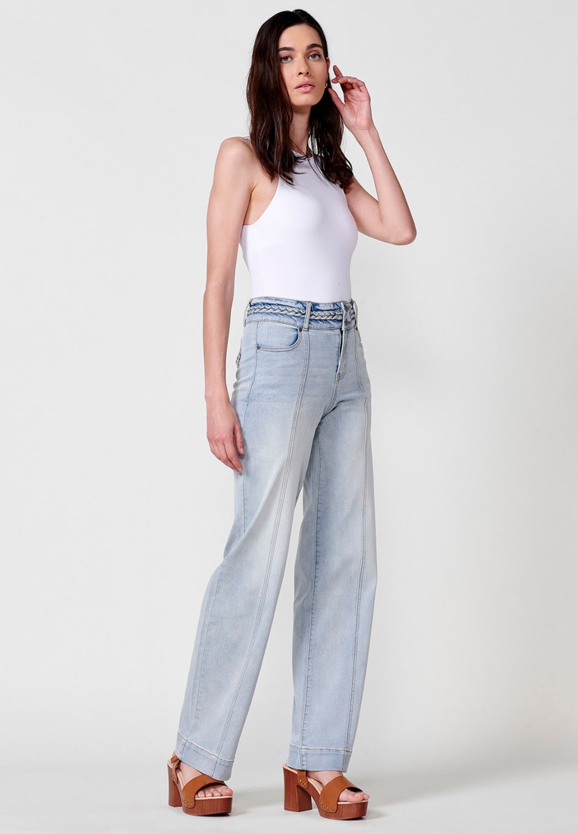 Pantalon long large avec détail tressé sur les poches arrière et à la taille en Bleu pour Femme