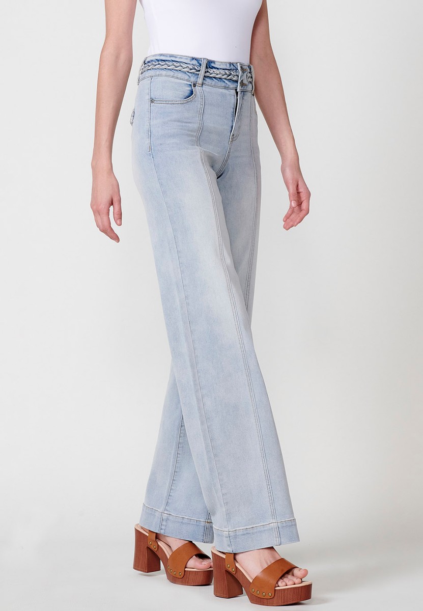 Pantalon long large avec détail tressé sur les poches arrière et à la taille en Bleu pour Femme