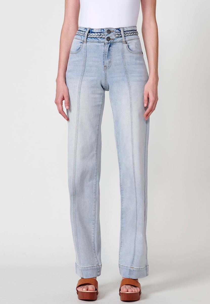 Pantalon long large avec détail tressé sur les poches arrière et à la taille en Bleu pour Femme