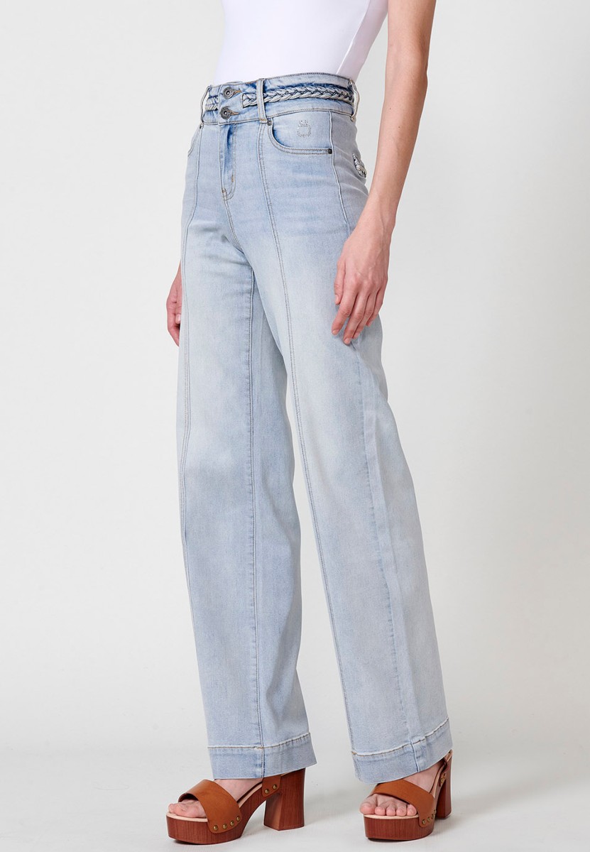 Pantalon long large avec détail tressé sur les poches arrière et à la taille en Bleu pour Femme