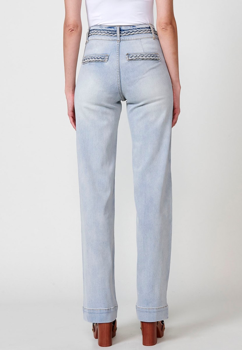 Pantalon long large avec détail tressé sur les poches arrière et à la taille en Bleu pour Femme