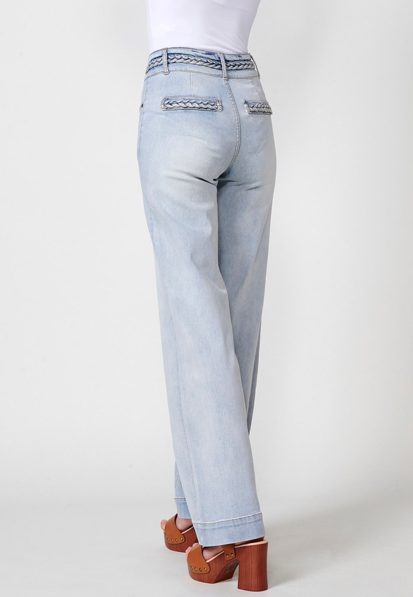 Pantalon long large avec détail tressé sur les poches arrière et à la taille en Bleu pour Femme