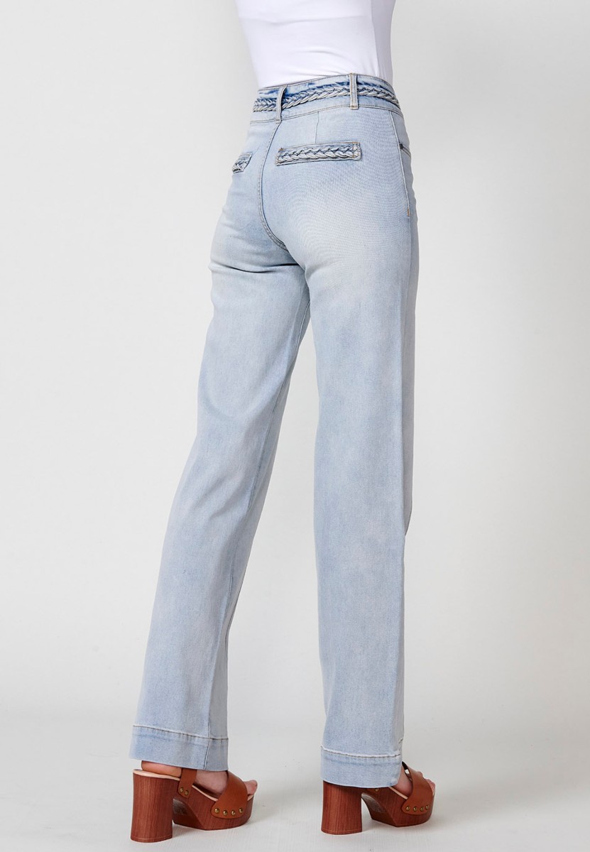 Pantalon long large avec détail tressé sur les poches arrière et à la taille en Bleu pour Femme