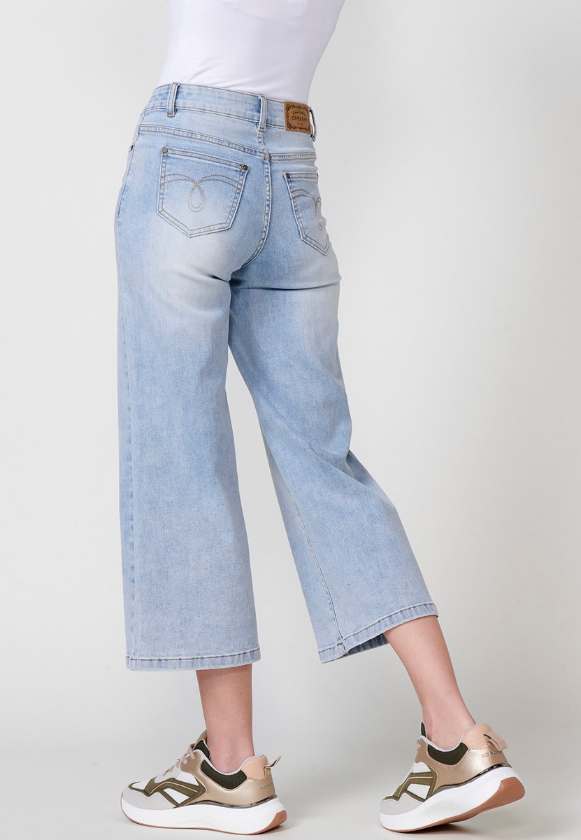 Pantalón largo jeans ancho con Cierre delantero con cremallera y botón color Azul para Mujer