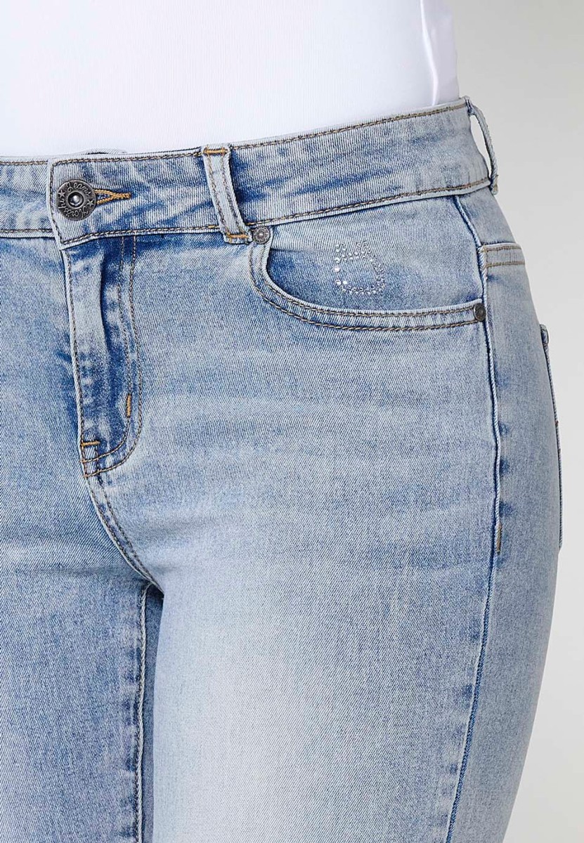 Pantalón largo jeans recto con Cierre delantero con cremallera y botón color Azul para Mujer