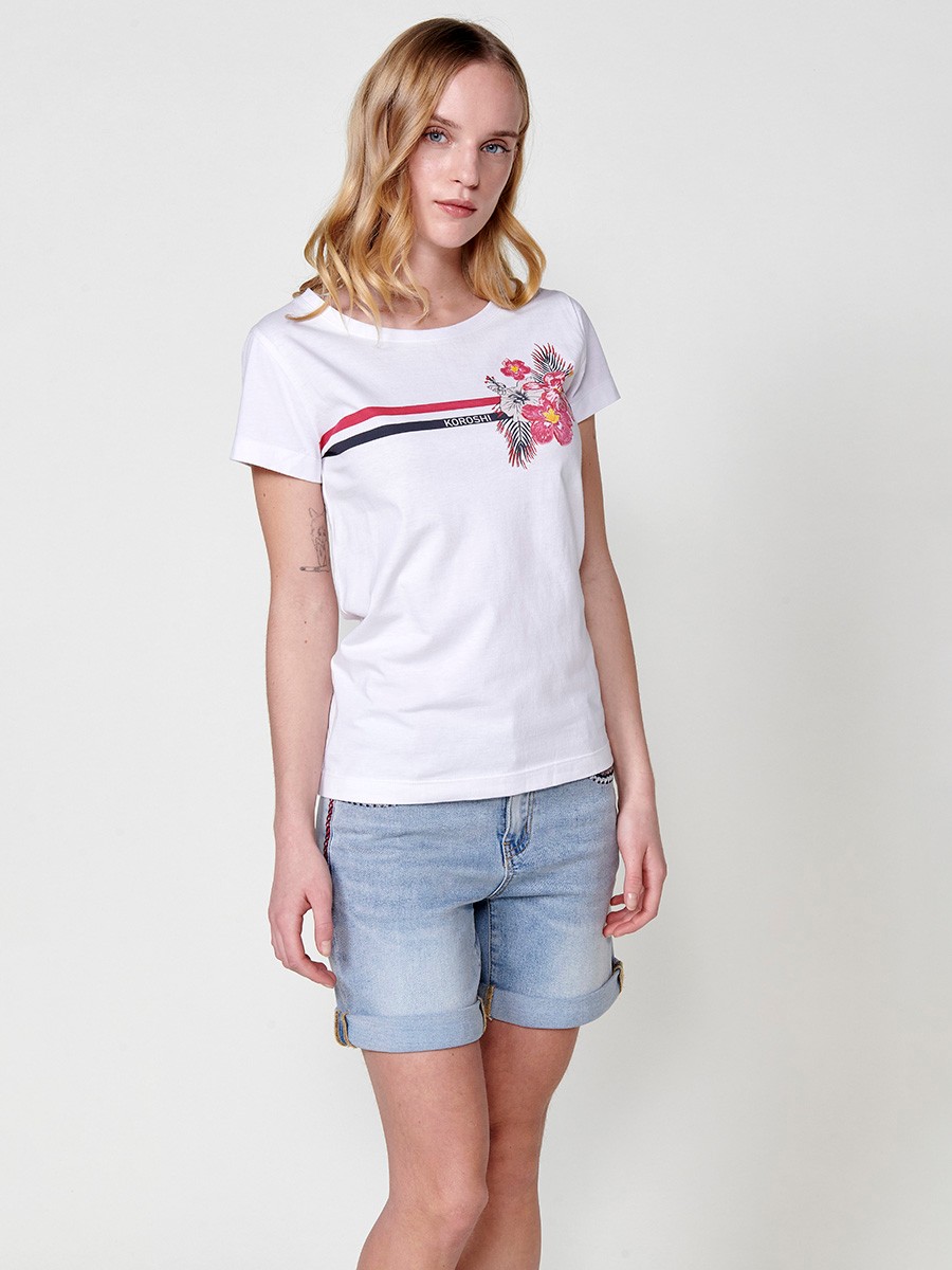 T-shirt en Coton avec Imprimé Rayé Fleuri, Broderie et Col Rond en Blanc