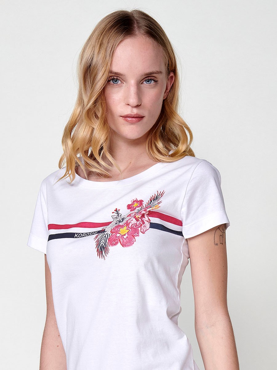 T-shirt en Coton avec Imprimé Rayé Fleuri, Broderie et Col Rond en Blanc 4