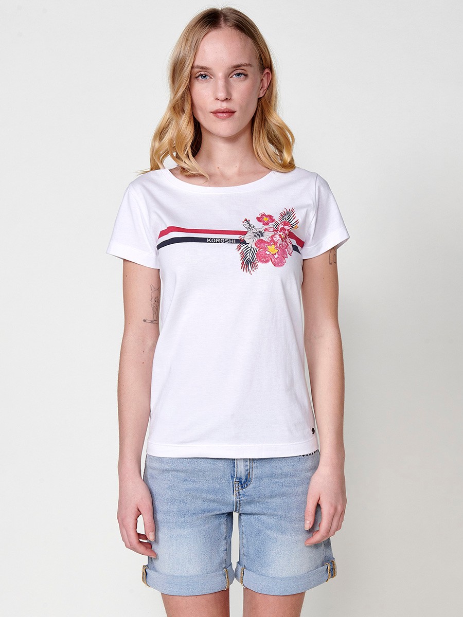 T-shirt en Coton avec Imprimé Rayé Fleuri, Broderie et Col Rond en Blanc 1