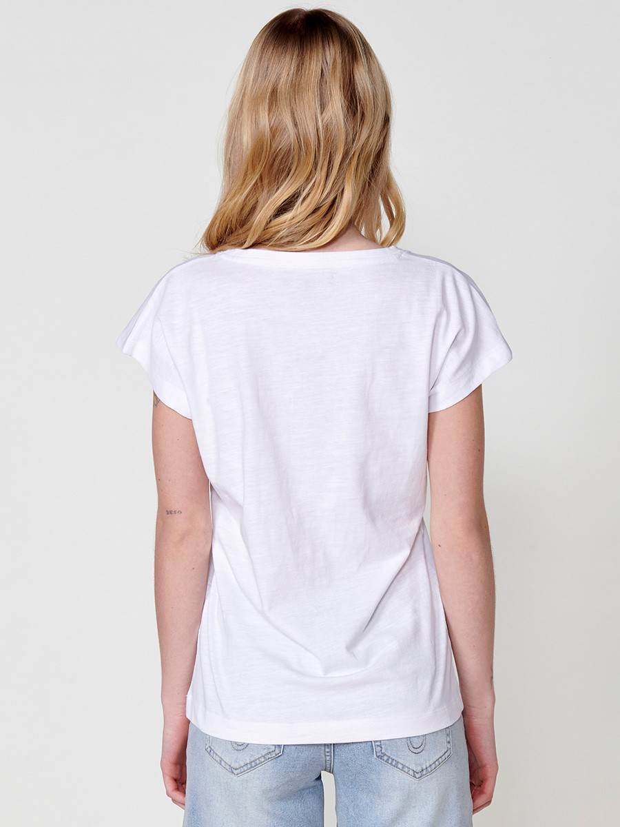 T-shirt en Coton avec Imprimé Rayé Fleuri, Broderie et Col Rond en Blanc 6