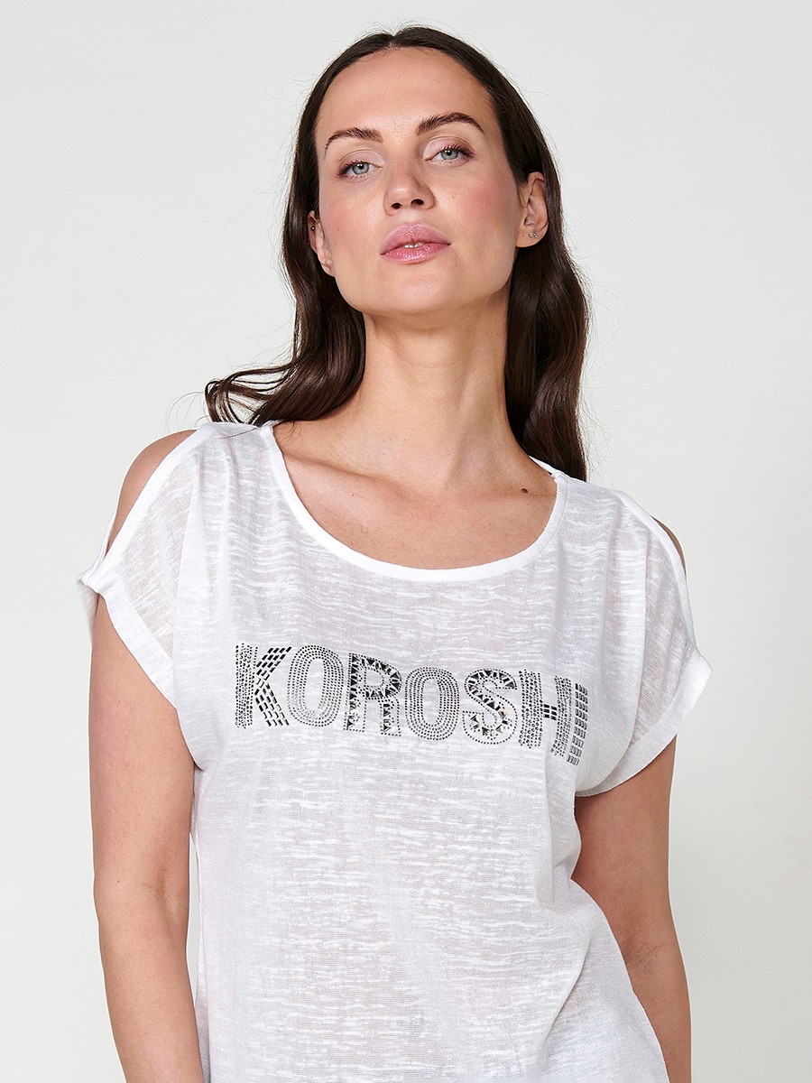 Slightly transparent short sleeve t-shirt with round neckline with shoulder openings and front detail with glitter Koröshi logo in white for Women