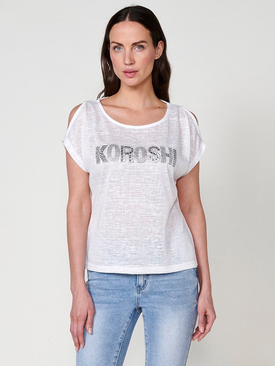 Slightly transparent short sleeve t-shirt with round neckline with shoulder openings and front detail with glitter Koröshi logo in white for Women 4