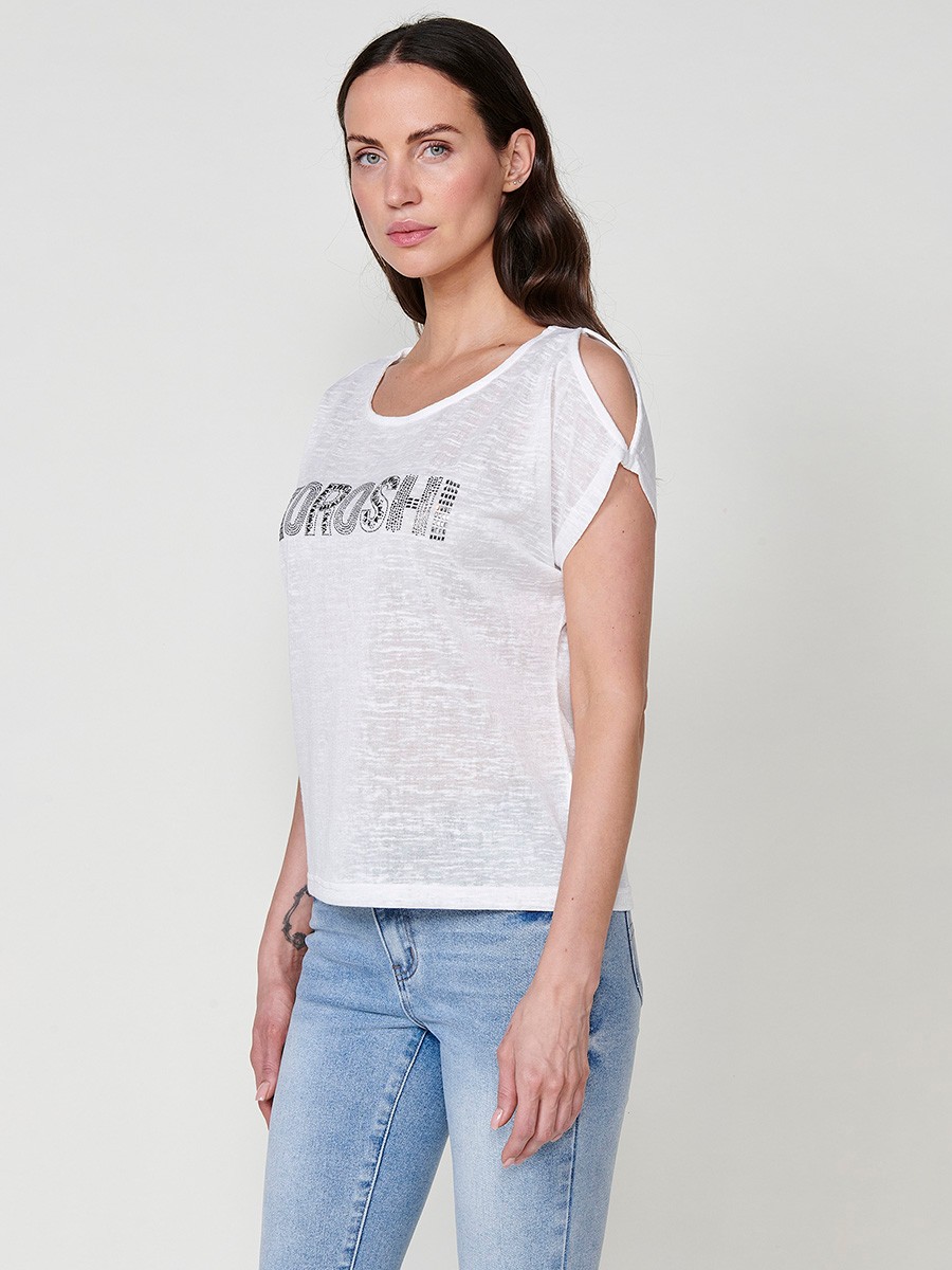 Slightly transparent short sleeve t-shirt with round neckline with shoulder openings and front detail with glitter Koröshi logo in white for Women 3