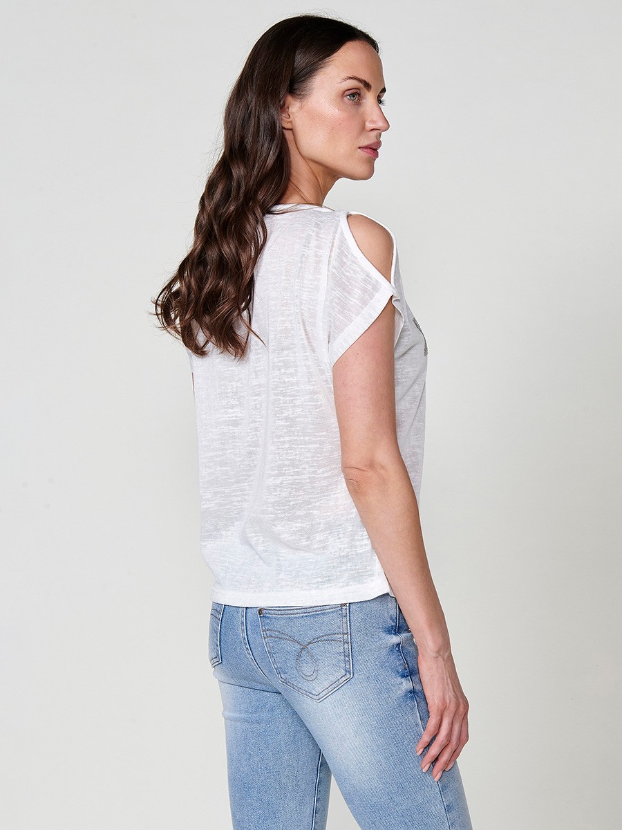 Slightly transparent short sleeve t-shirt with round neckline with shoulder openings and front detail with glitter Koröshi logo in white for Women 2