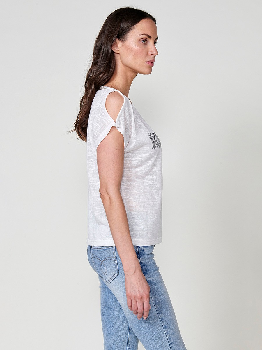 Slightly transparent short sleeve t-shirt with round neckline with shoulder openings and front detail with glitter Koröshi logo in white for Women 1