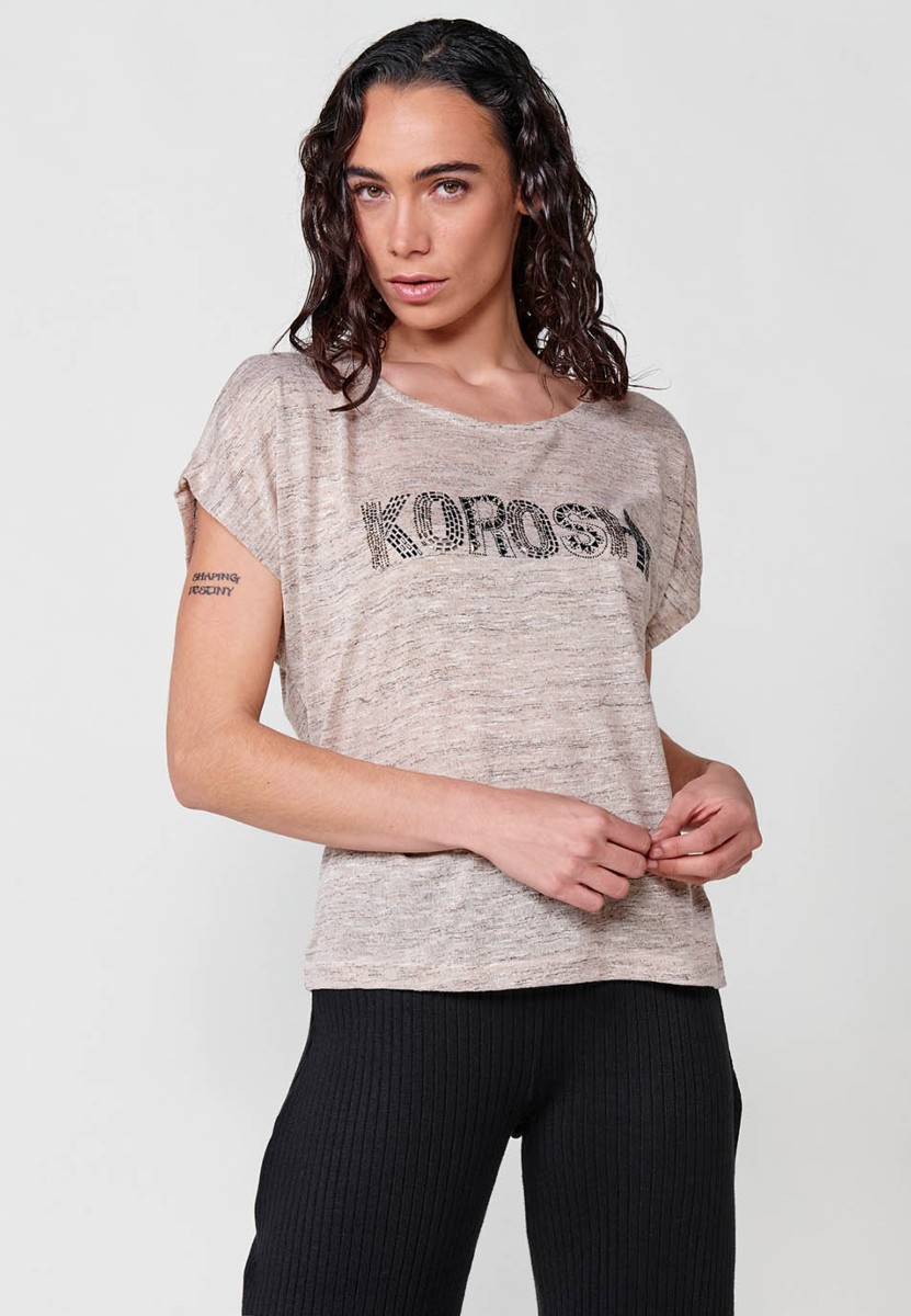 Slightly transparent short sleeve t-shirt with round neckline with shoulder openings and front detail with Koröshi glitter logo in Beige for Women