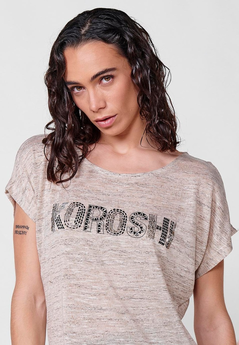 Slightly transparent short sleeve t-shirt with round neckline with shoulder openings and front detail with Koröshi glitter logo in Beige for Women 4