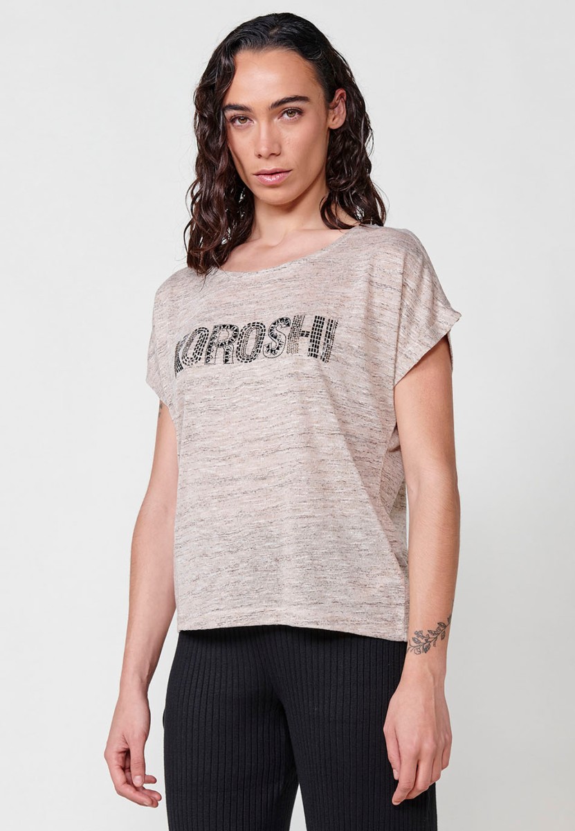 Slightly transparent short sleeve t-shirt with round neckline with shoulder openings and front detail with Koröshi glitter logo in Beige for Women 3