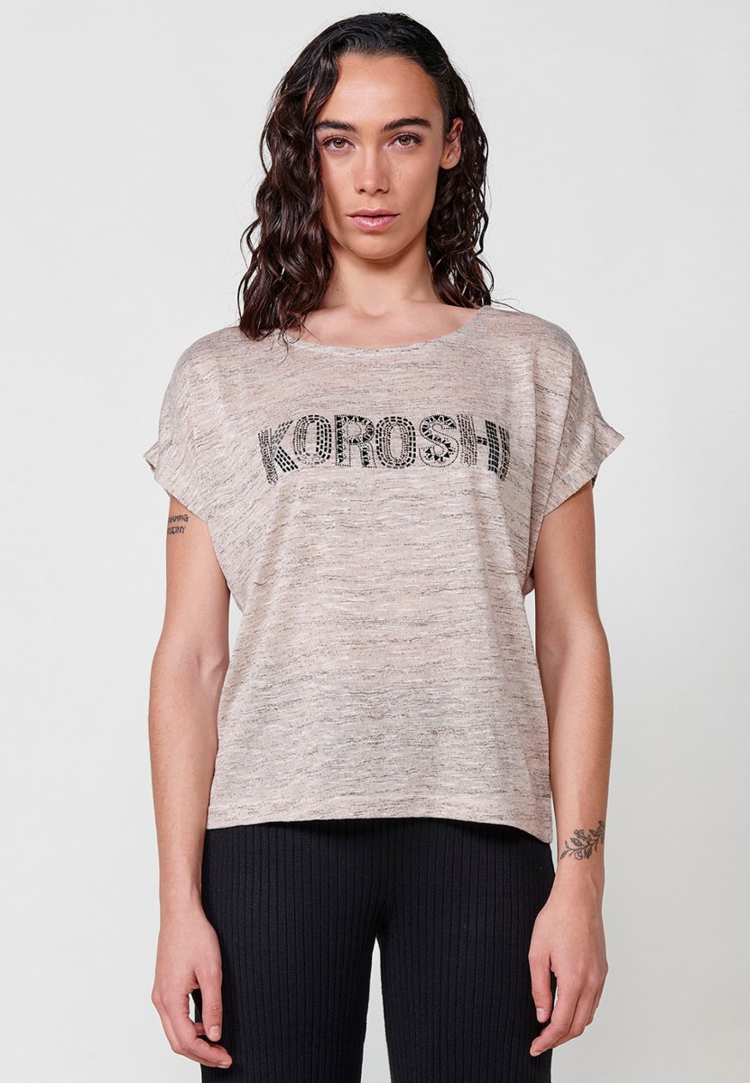 Slightly transparent short sleeve t-shirt with round neckline with shoulder openings and front detail with Koröshi glitter logo in Beige for Women 7