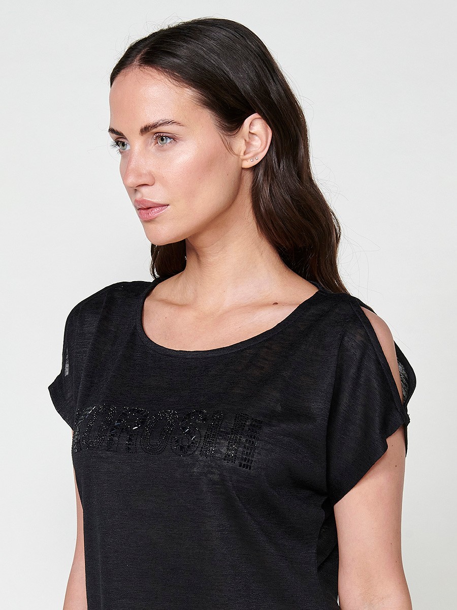 Slightly transparent short sleeve t-shirt with round neckline with shoulder openings and front detail with glitter Koröshi logo in black for Women 2