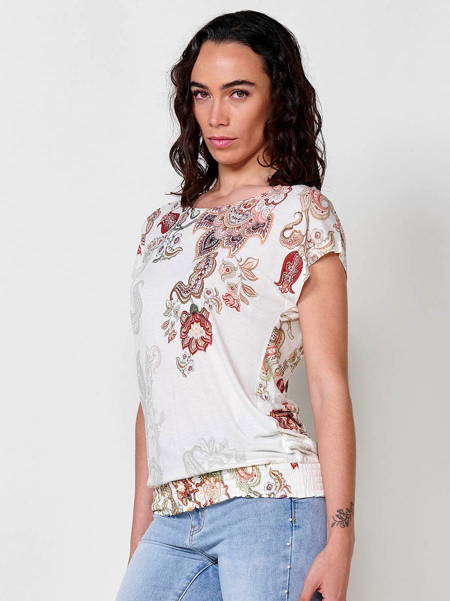 Camiseta manga corta estampada, cuello redondo para mujer en color crudo