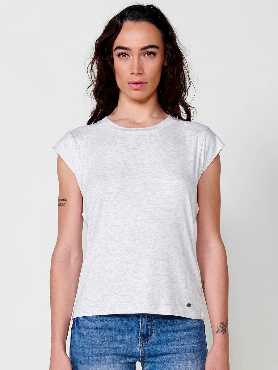 Women's short-sleeved round-neck t-shirt with glitter fabric with 3D logo on the chest and metal plate with Koroshi logo on the bottom in white