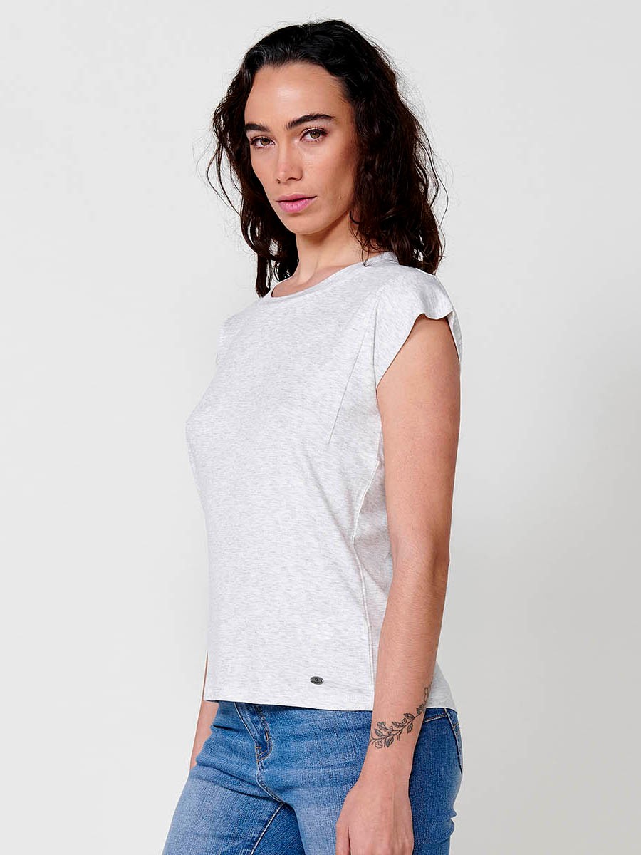 Women's short-sleeved round-neck t-shirt with glitter fabric with 3D logo on the chest and metal plate with Koroshi logo on the bottom in white