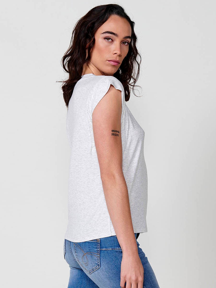 Women's short-sleeved round-neck t-shirt with glitter fabric with 3D logo on the chest and metal plate with Koroshi logo on the bottom in white