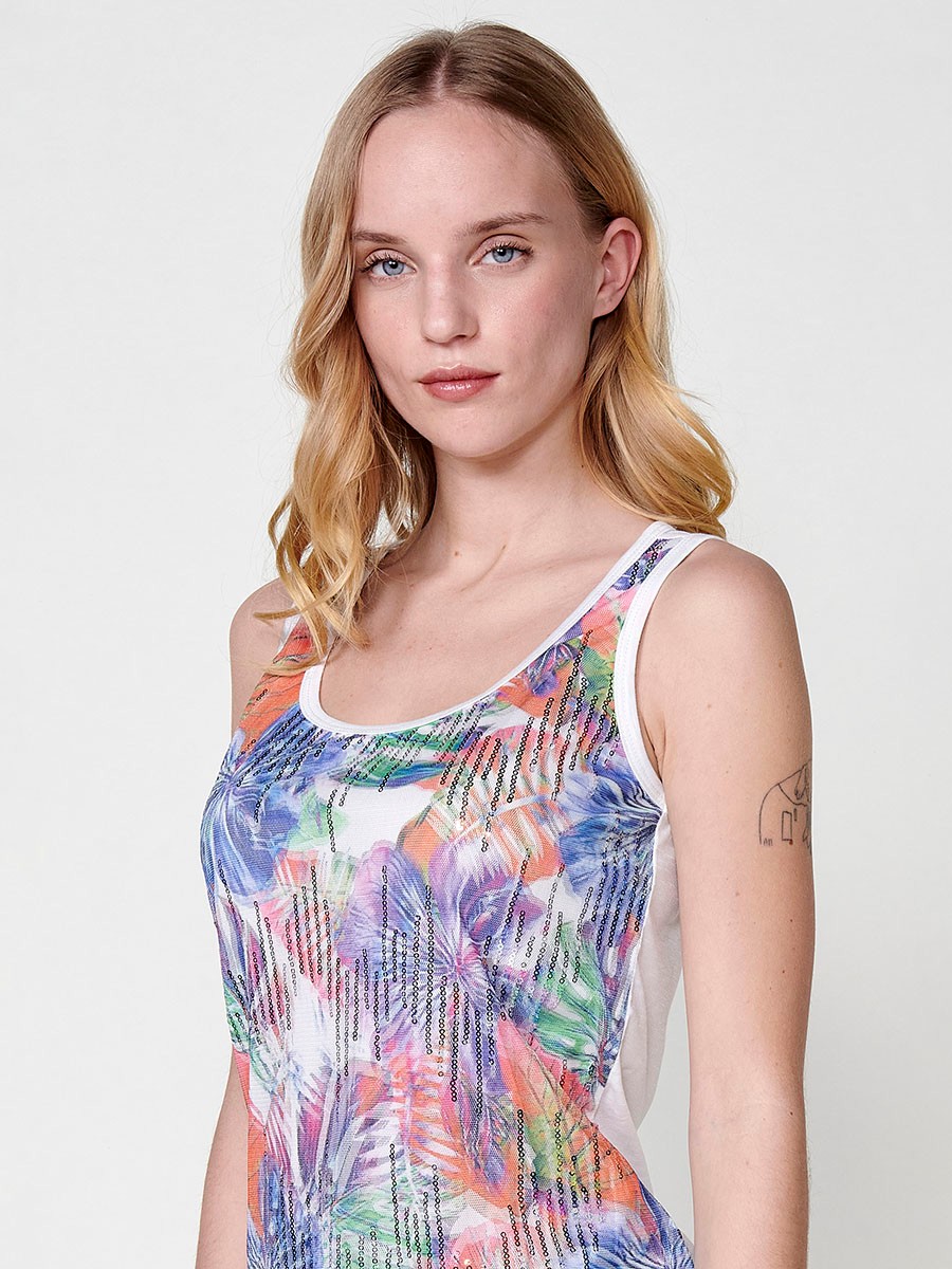 Round neck top with semi-transparent stretch tulle fabric and sequin detail with floral print lining on the front and white flame structure fabric back for women 2