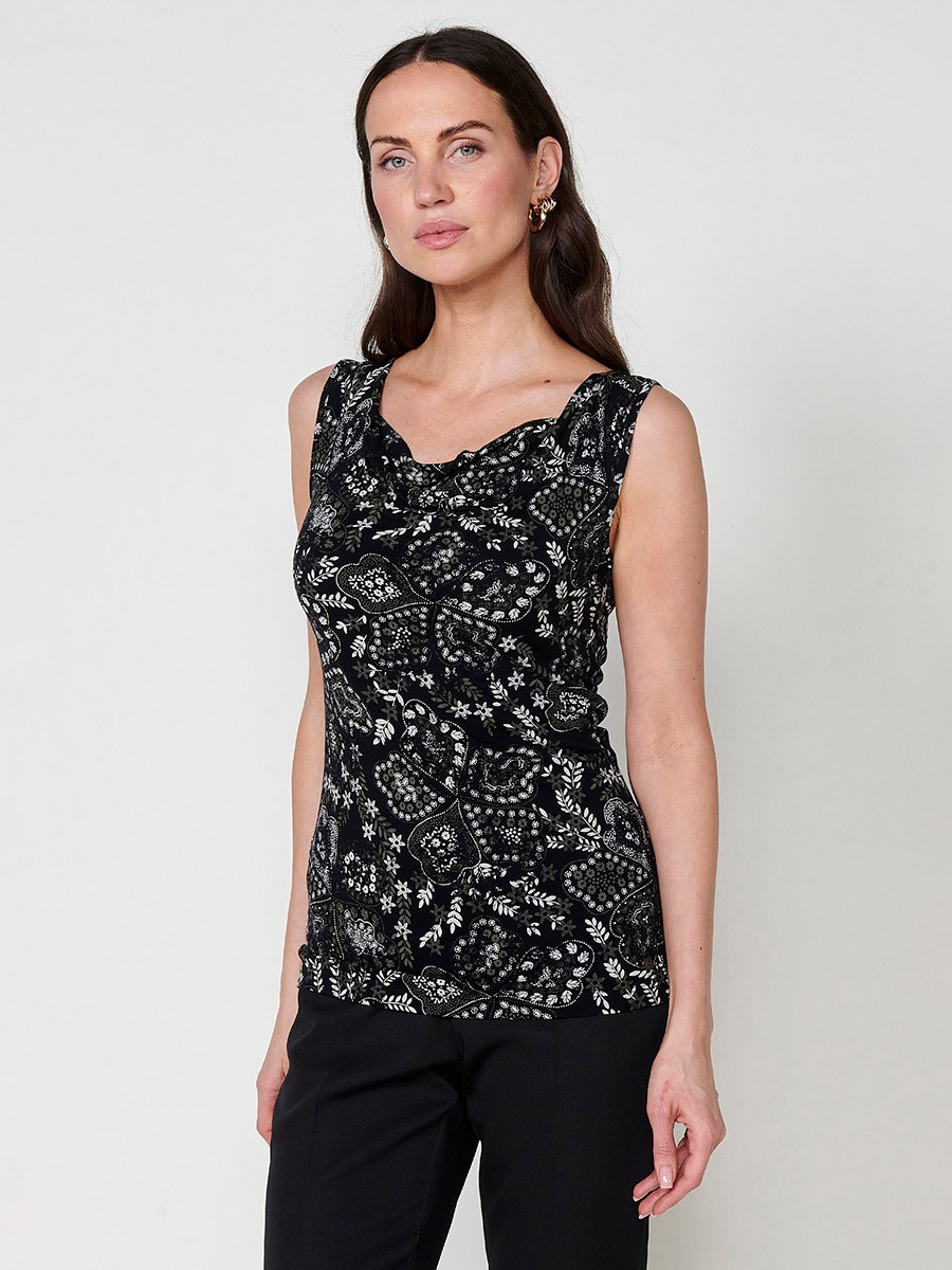 Women's Draped Neck Top with Floral Print Flowy Fabric in Black