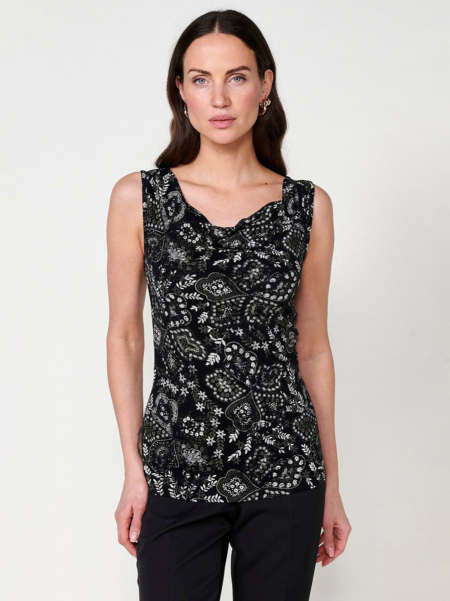 Women's Draped Neck Top with Floral Print Flowy Fabric in Black 4