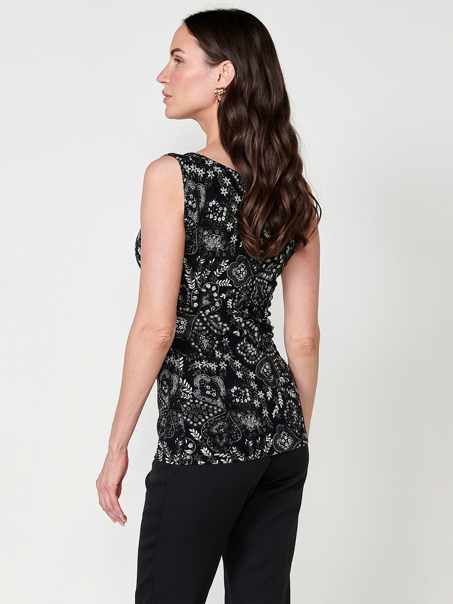 Women's Draped Neck Top with Floral Print Flowy Fabric in Black 2