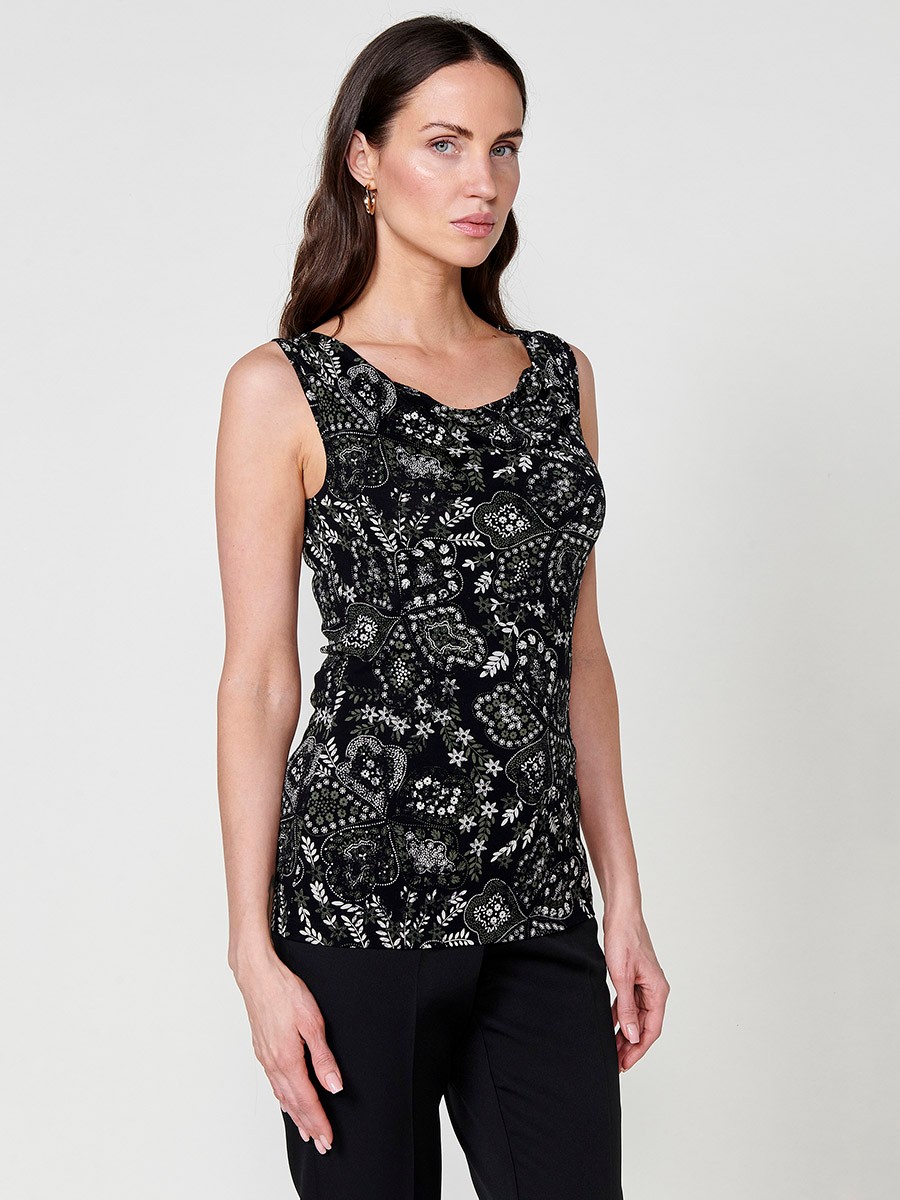 Women's Draped Neck Top with Floral Print Flowy Fabric in Black 1