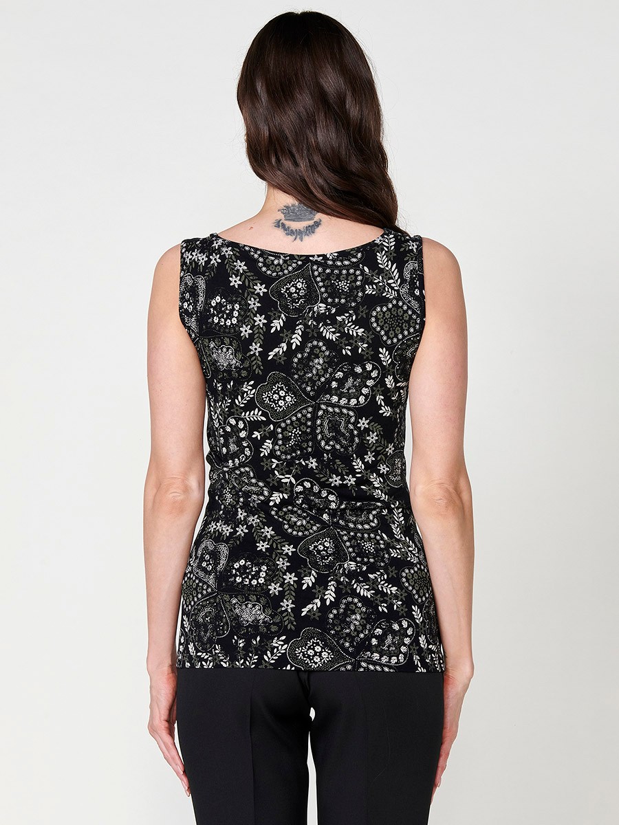 Women's Draped Neck Top with Floral Print Flowy Fabric in Black 7