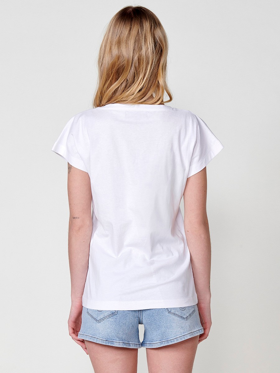 Women's short-sleeved round-neck t-shirt with glitter leopard print and Koröshi logo on the front in white 7