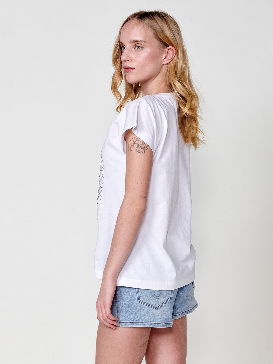 Women's short-sleeved round-neck t-shirt with glitter leopard print and Koröshi logo on the front in white 8