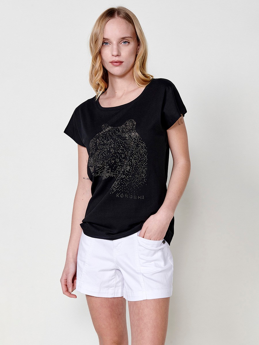 Women's short-sleeved round-neck t-shirt with glitter leopard print and Koröshi logo on the front in black