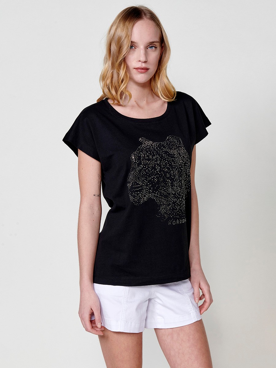 Women's short-sleeved round-neck t-shirt with glitter leopard print and Koröshi logo on the front in black 3