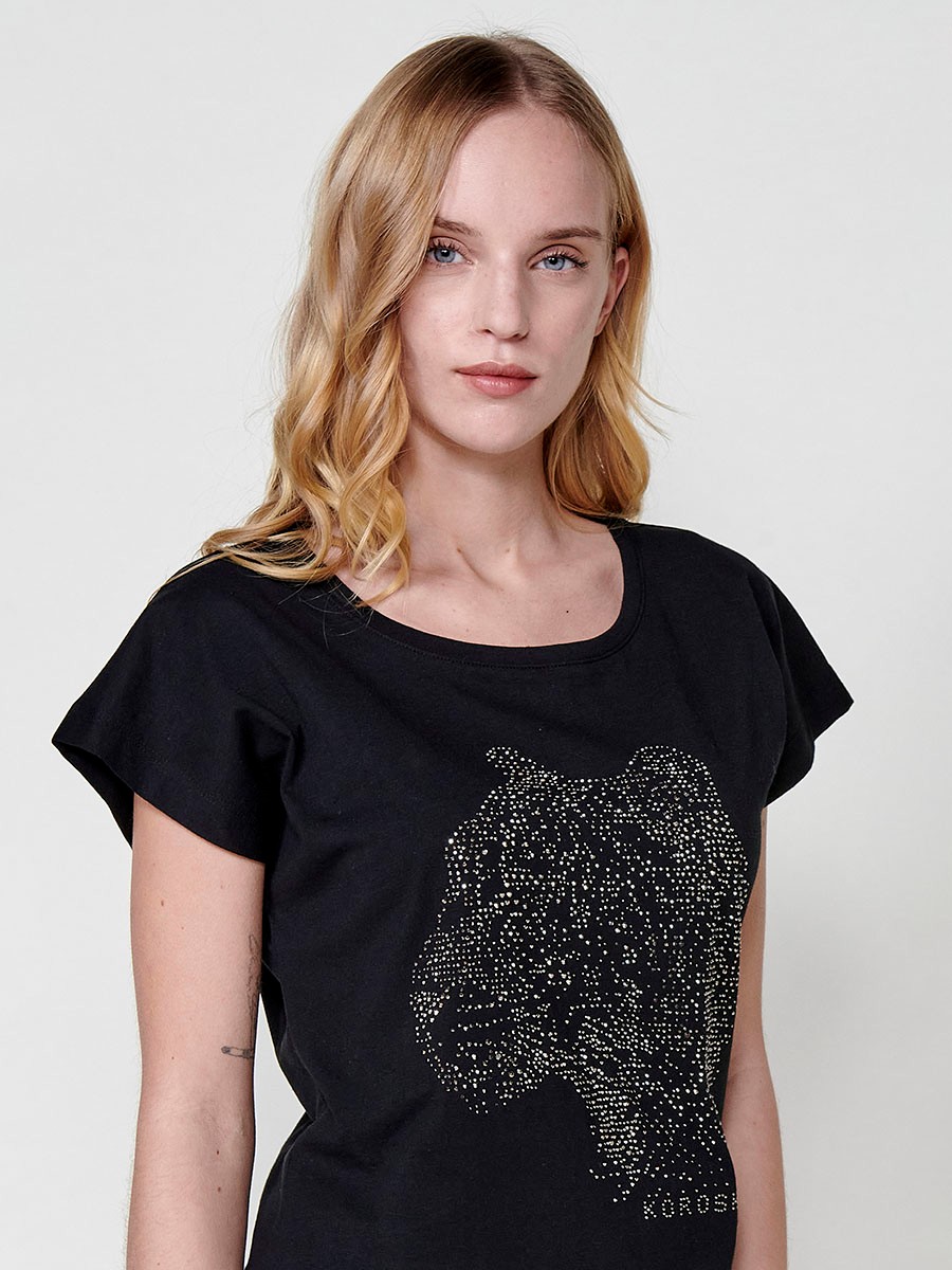 Women's short-sleeved round-neck t-shirt with glitter leopard print and Koröshi logo on the front in black 1