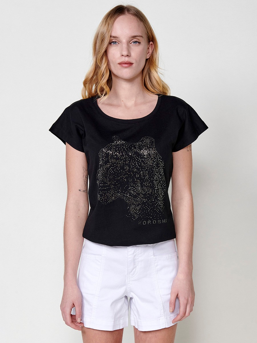 Women's short-sleeved round-neck t-shirt with glitter leopard print and Koröshi logo on the front in black 4