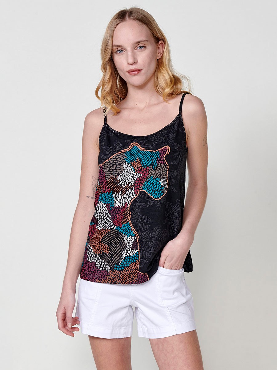 Round neck top with thin adjustable straps and printed fabric and animal print detail with raised profile and stud detail on the front neckline in Black for Women