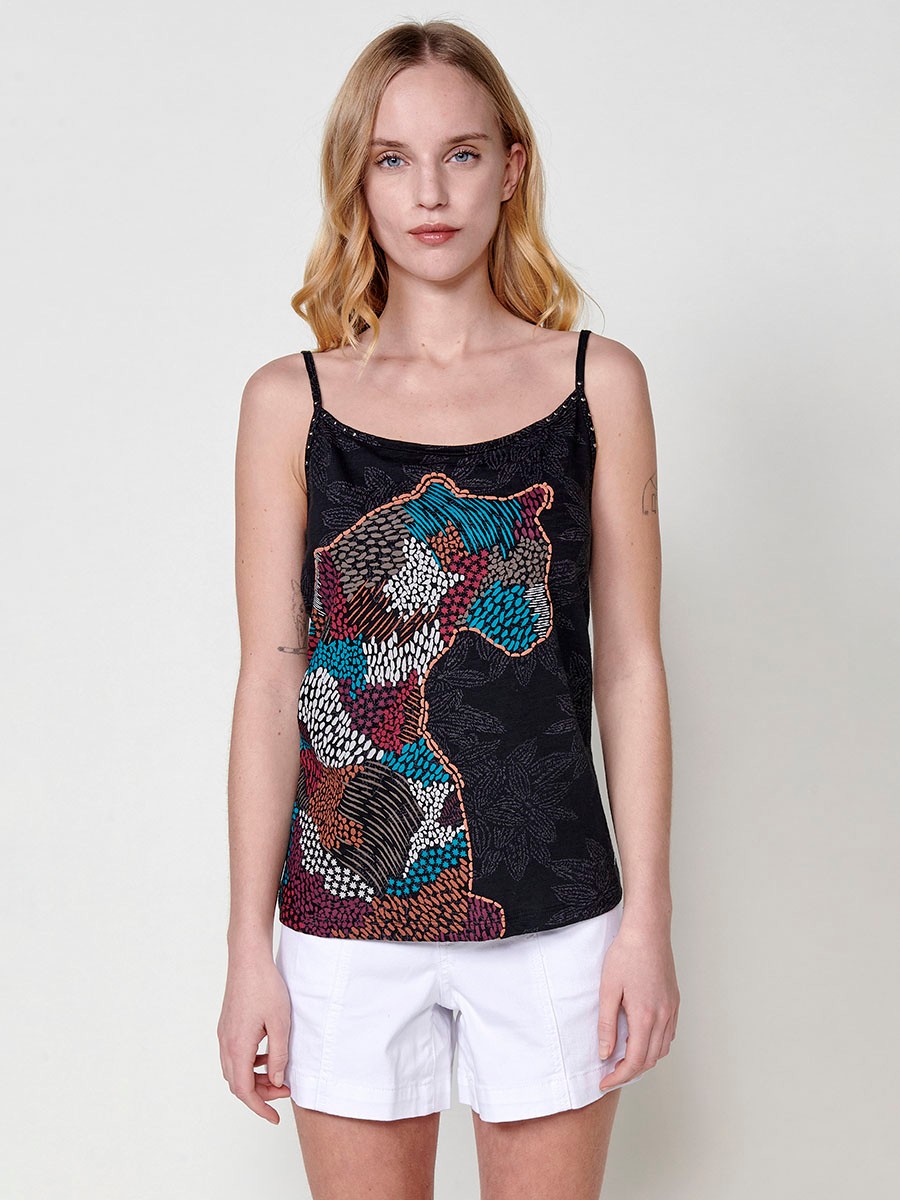 Round neck top with thin adjustable straps and printed fabric and animal print detail with raised profile and stud detail on the front neckline in Black for Women 4