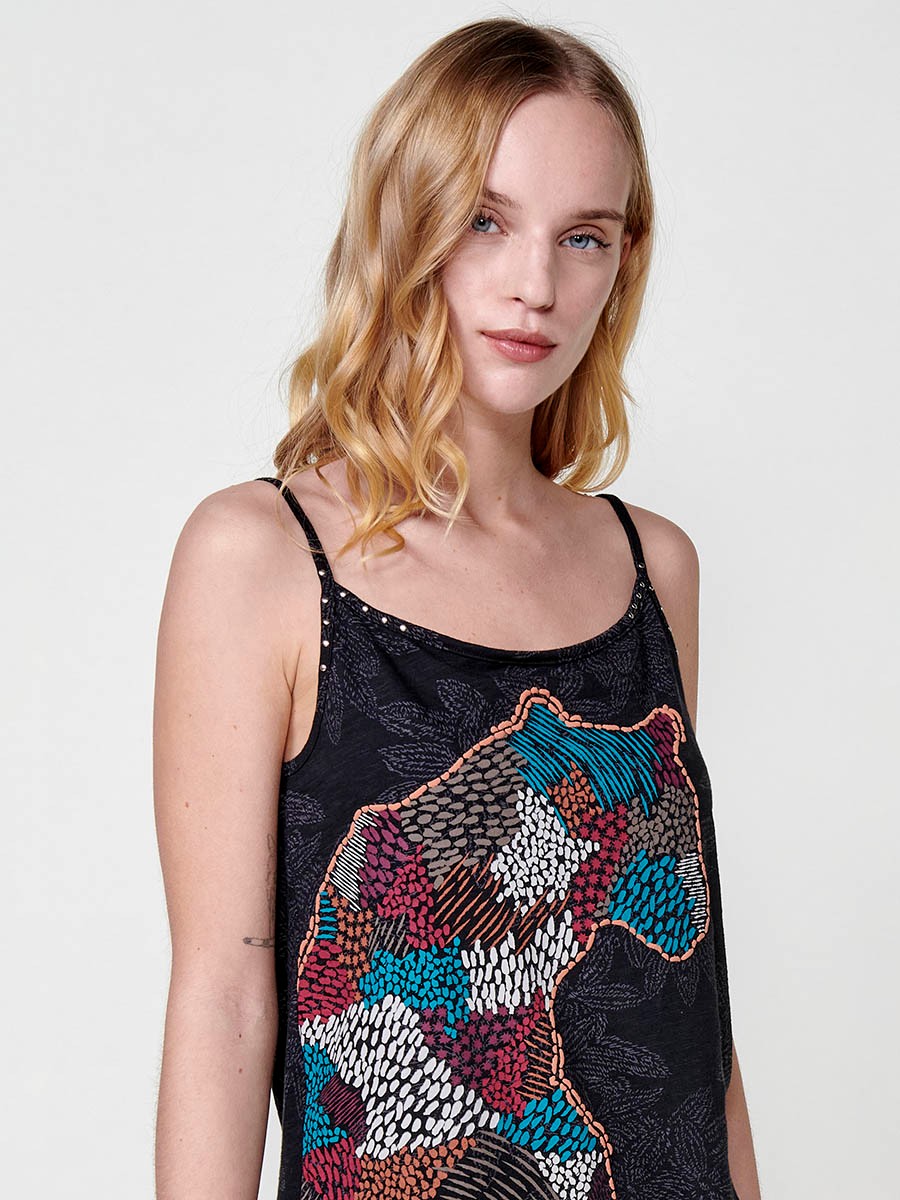 Round neck top with thin adjustable straps and printed fabric and animal print detail with raised profile and stud detail on the front neckline in Black for Women 3