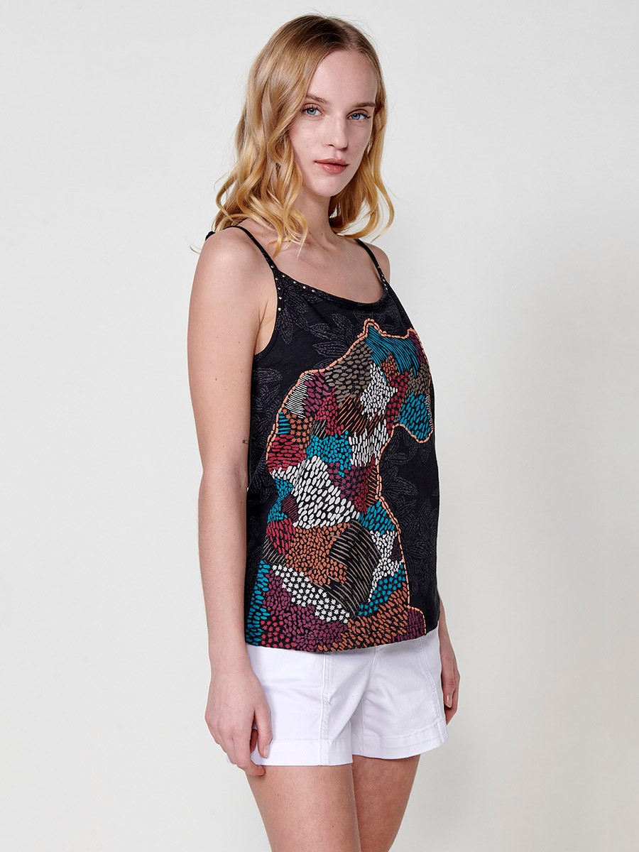 Round neck top with thin adjustable straps and printed fabric and animal print detail with raised profile and stud detail on the front neckline in Black for Women 1