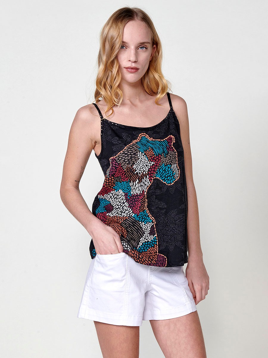 Round neck top with thin adjustable straps and printed fabric and animal print detail with raised profile and stud detail on the front neckline in Black for Women 2