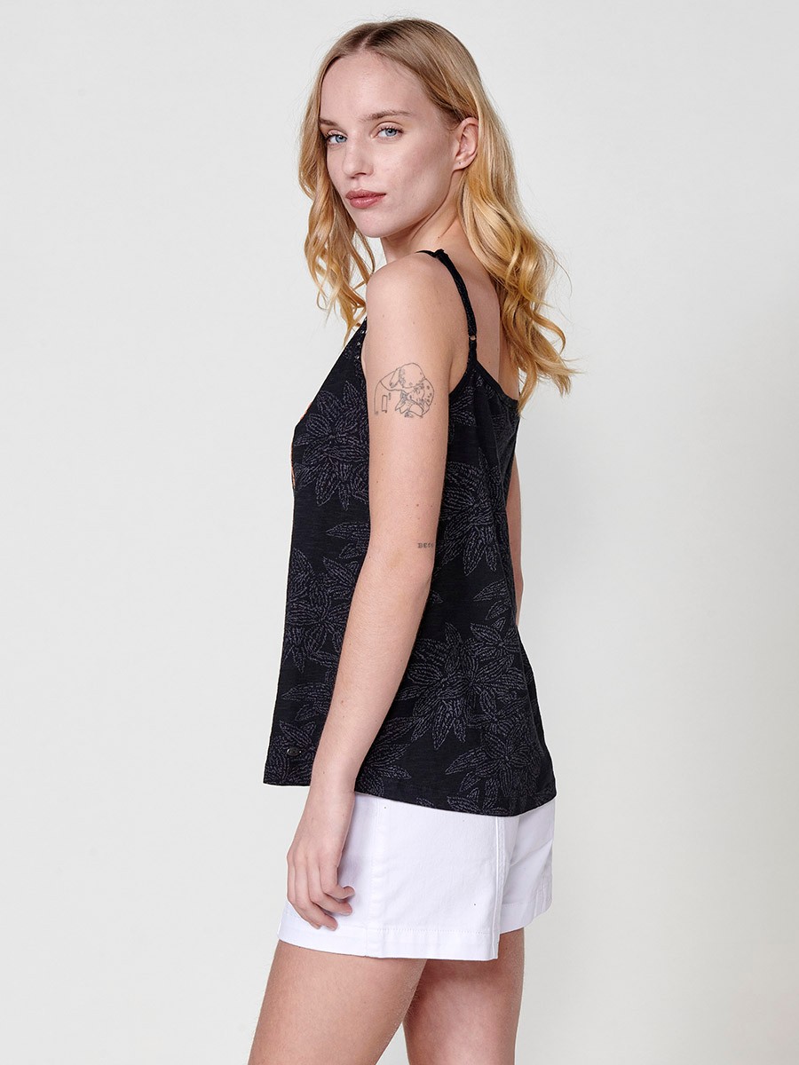 Round neck top with thin adjustable straps and printed fabric and animal print detail with raised profile and stud detail on the front neckline in Black for Women 7