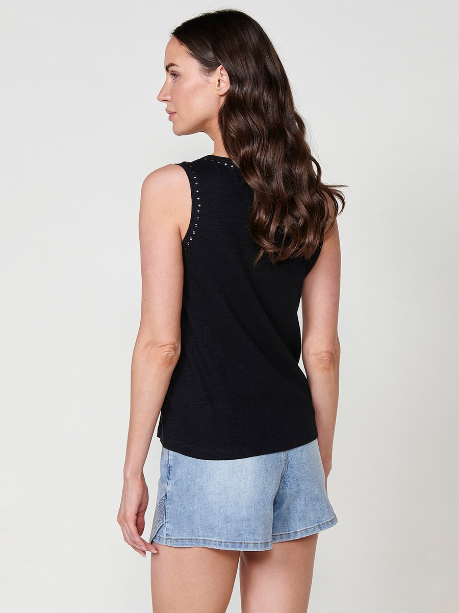 Haut col rond en coton pour femme en tissu à structure flammée noir 6