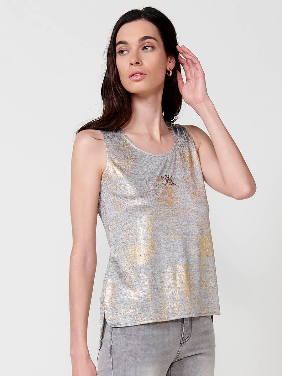 Top amb estampat foil i obertures laterals per a dona color gris