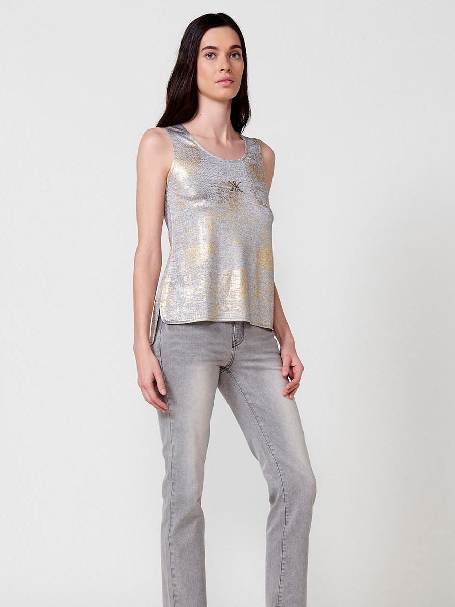 Top amb estampat foil i obertures laterals per a dona color gris