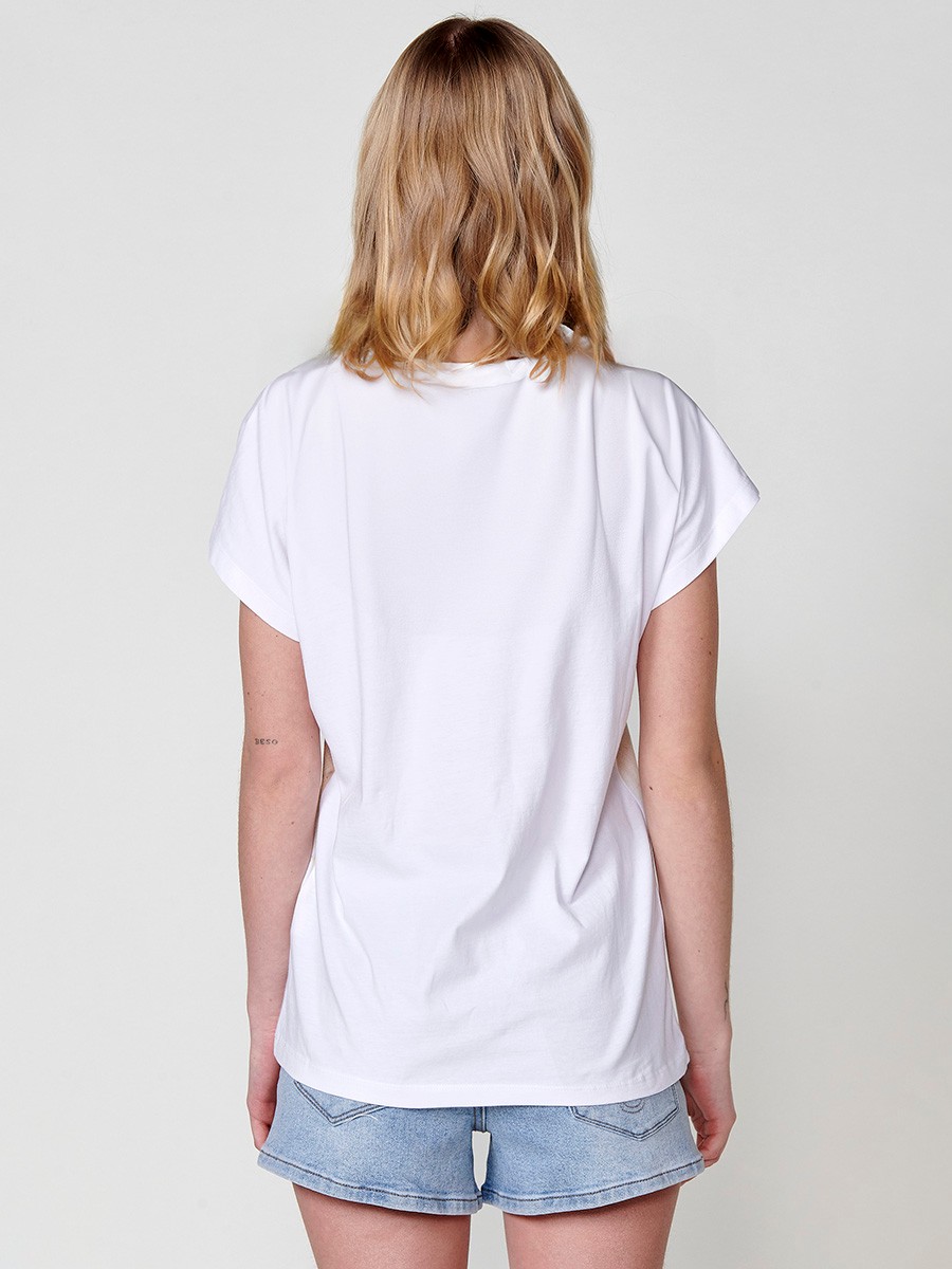 Short-sleeved round-neck cotton t-shirt with African face print with foil details and Koröshi logo on the front in white for women